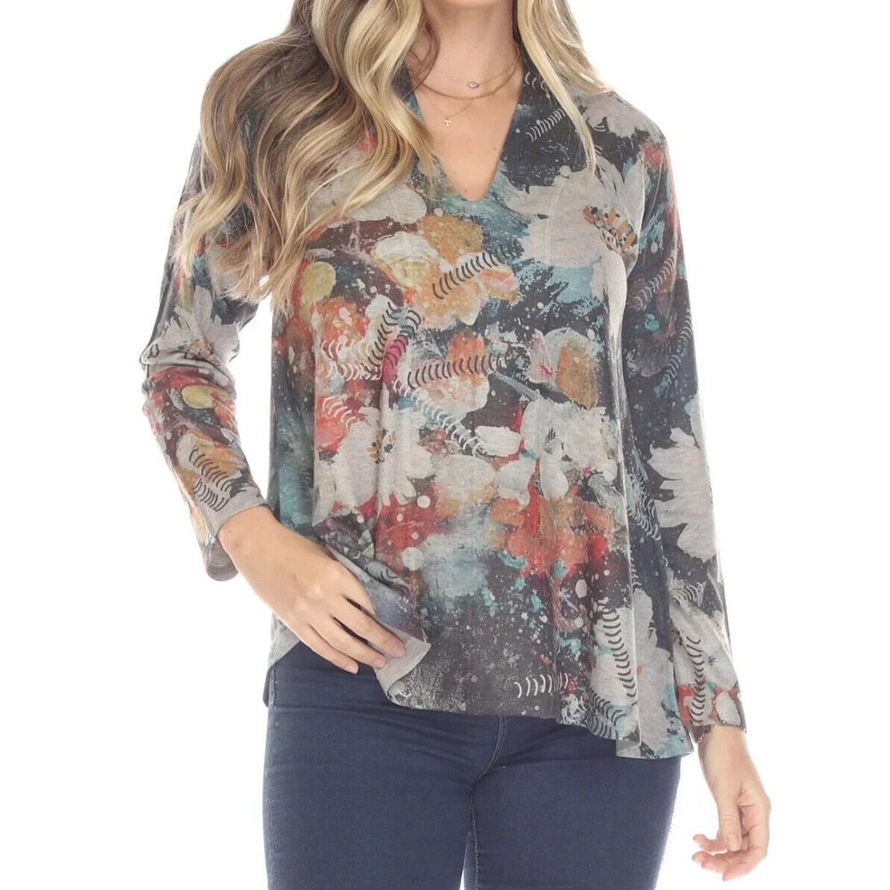 INOAH Womens Sz S Stretch ROSEWATER Floral Top Long Sleeve Tunic Soft Brushed